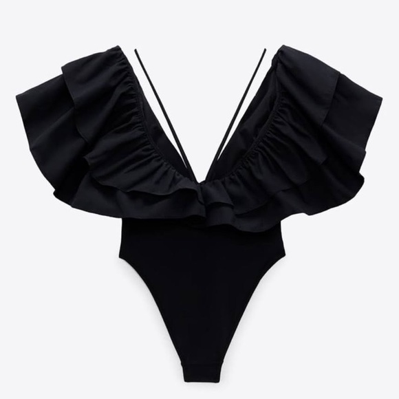 NWT Black Zara large ruffle one piece swimsuit - Picture 4 of 10